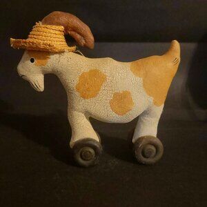 Vintage Paper Mache Goat with Staw Hat on Wheels Toy